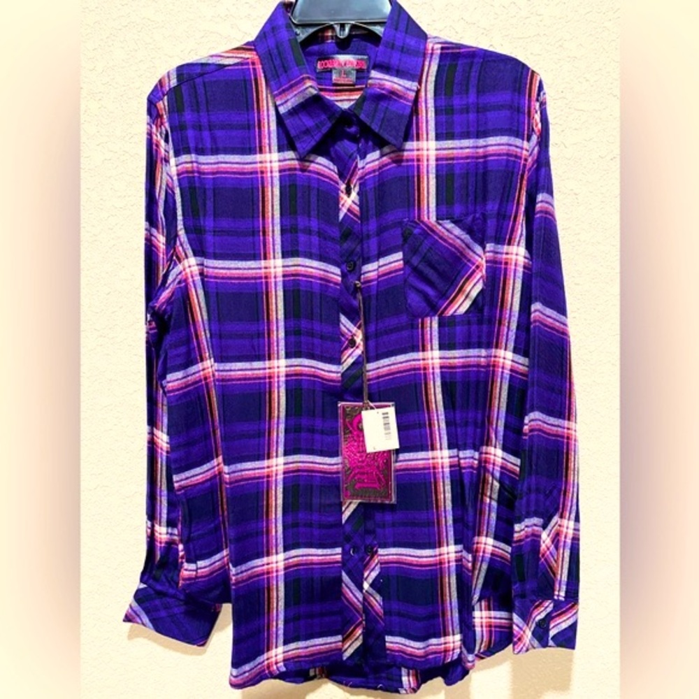 Rock & Roll Cowgirl Plaid Rayon Button Down Western Shirt, Size L